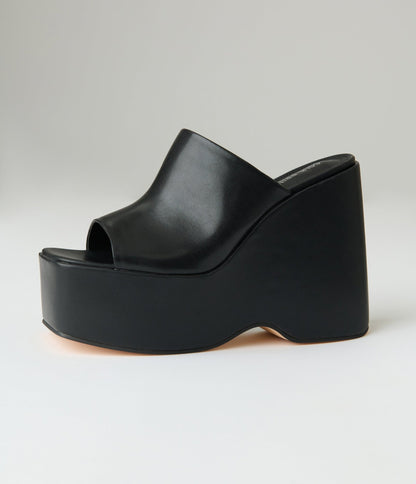 Black Leatherette Wedge Platforms - Unique Vintage - Womens, SHOES, HEELS
