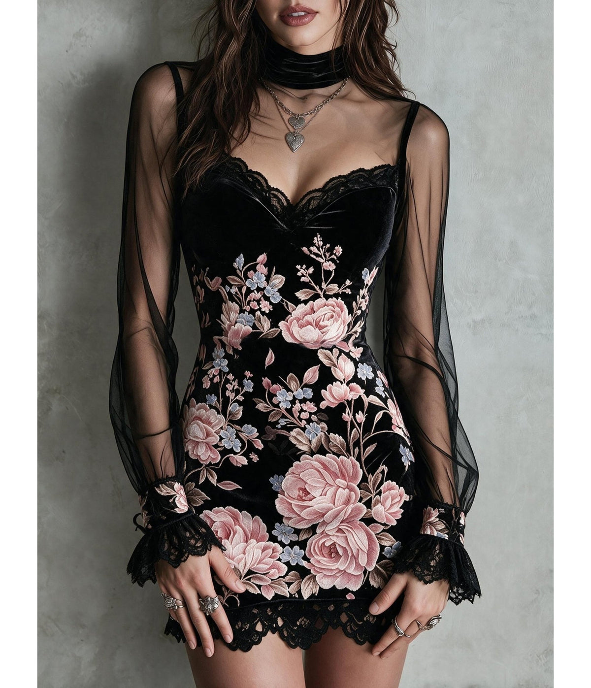 Black & Light Pink Floral & Mesh Overlay Mini Dress - Unique Vintage - Mini Dresses