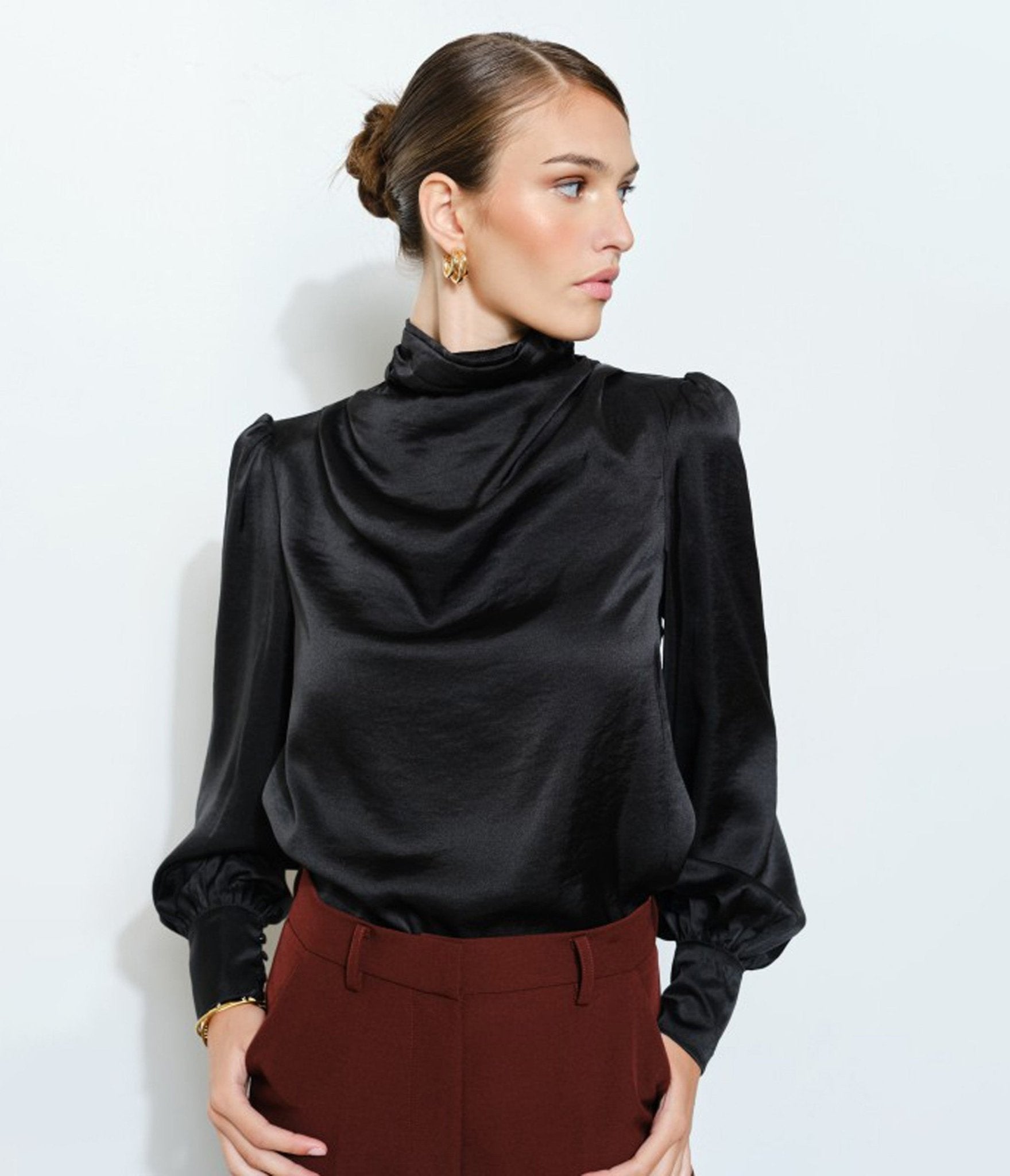 Black Long Puff Sleeve Blouse - Unique Vintage - Womens, TOPS, WOVEN TOPS