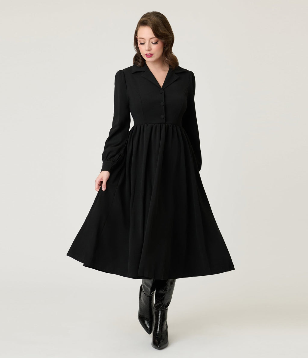 Black Long Sleeve Midi Dress - Large - Unique Vintage Black Long Sleeve Midi Dress - Large - Unique Vintage