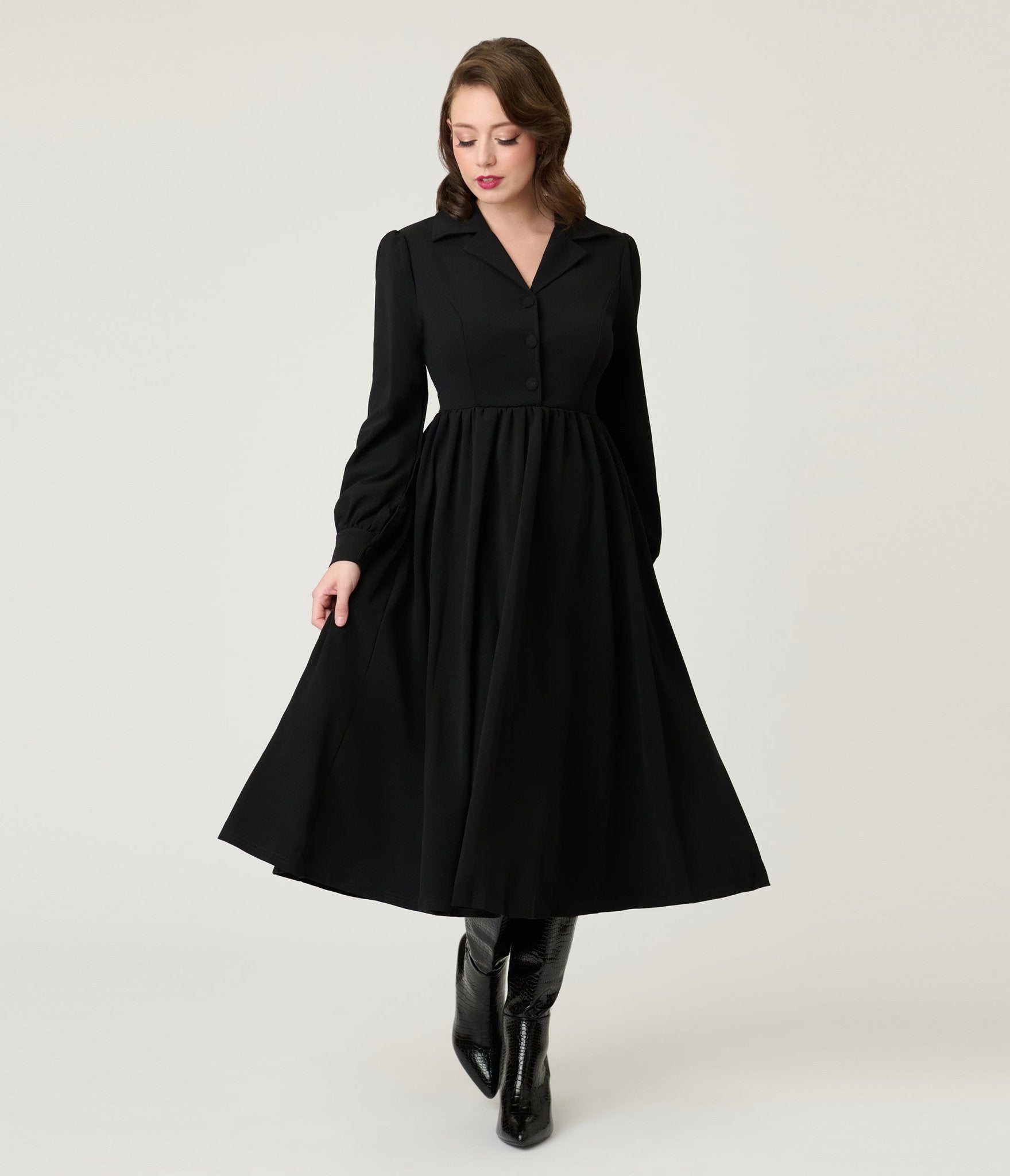 Black Long Sleeve Midi Dress - Large - Unique Vintage Black Long Sleeve Midi Dress - Large - Unique Vintage