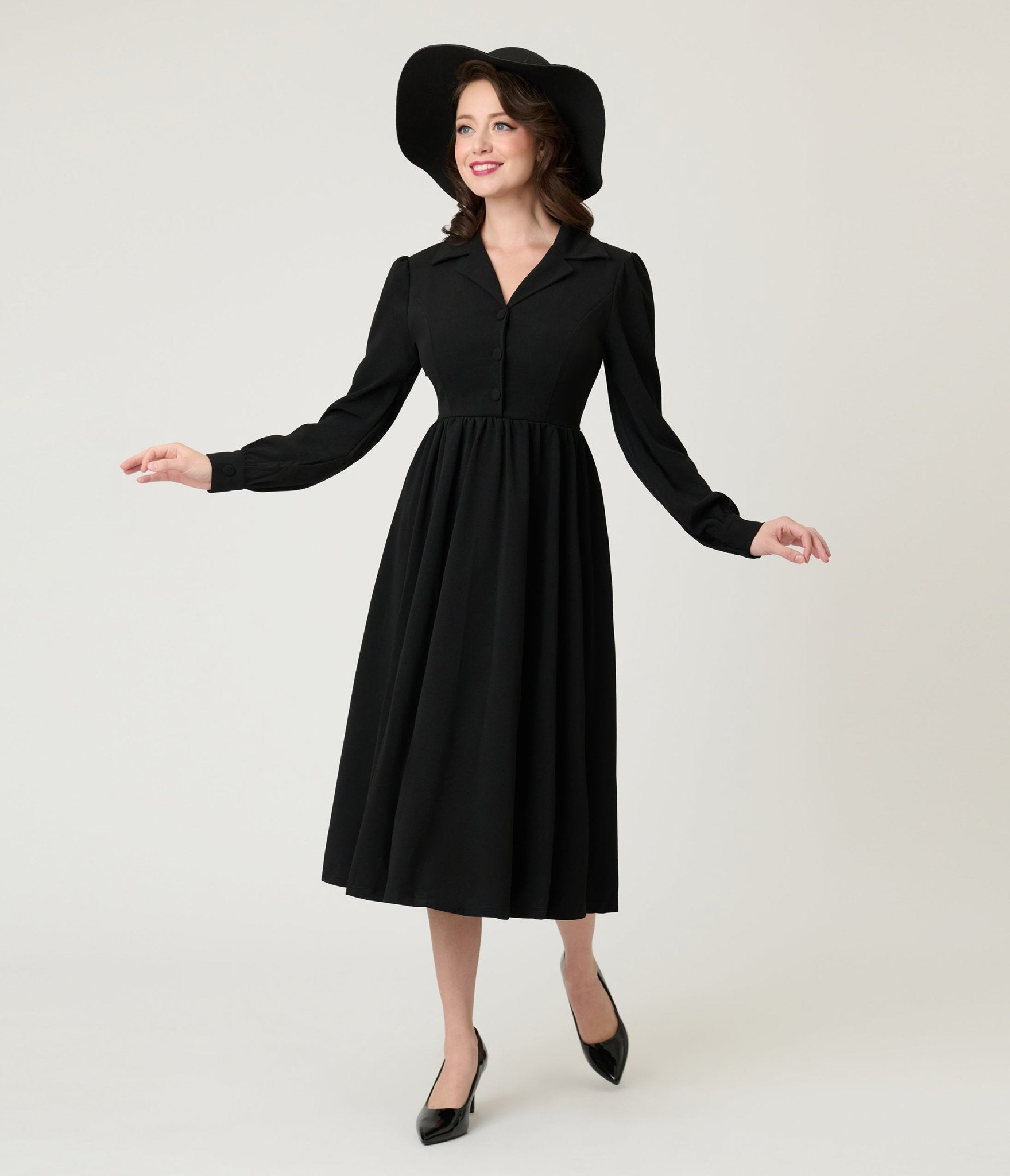 Black Long Sleeve Midi Dress - Large - Unique Vintage Black Long Sleeve Midi Dress - Large - Unique Vintage