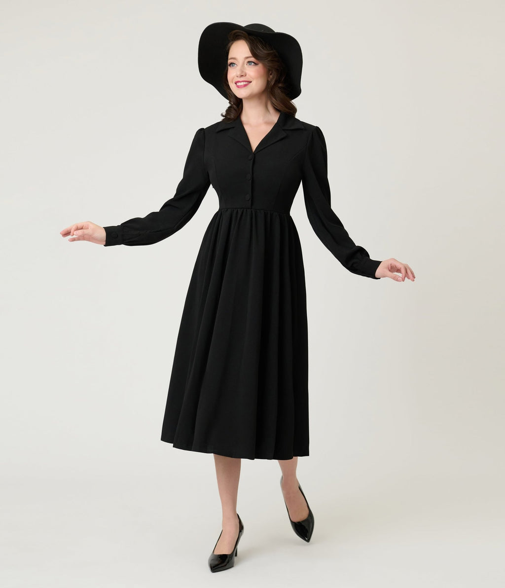 Black Long Sleeve Midi Dress - Unique Vintage - Womens, DRESSES, MIDI