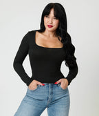 Black Long Sleeve Top - Unique Vintage - Womens, TOPS, WOVEN TOPS