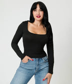 Black Long Sleeve Top - Unique Vintage - Womens, TOPS, WOVEN TOPS