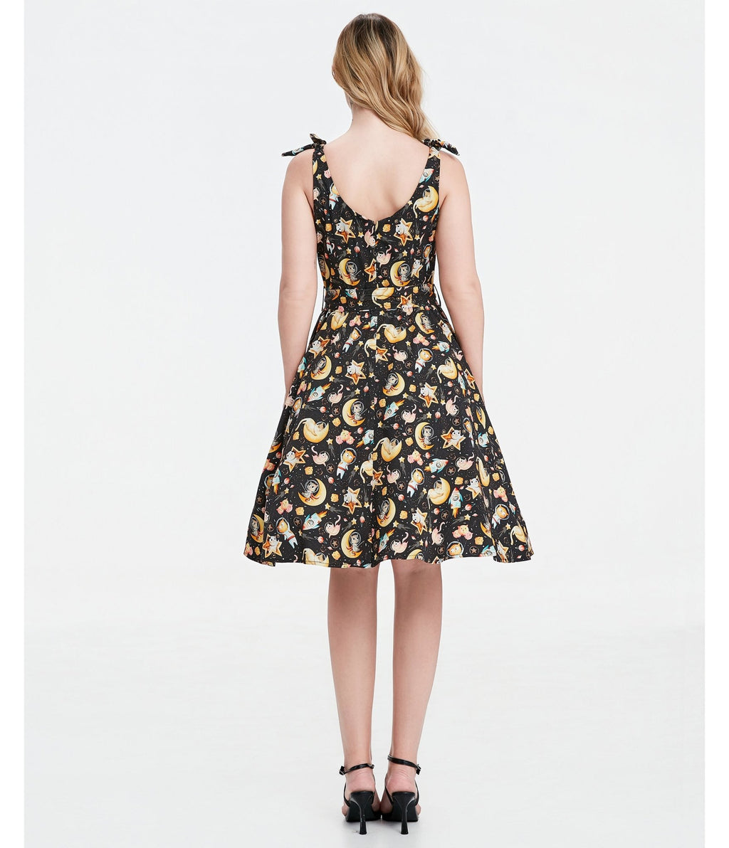 Black Meowgical Galaxy Swing Dress - Unique Vintage - Womens, DRESSES, SWING