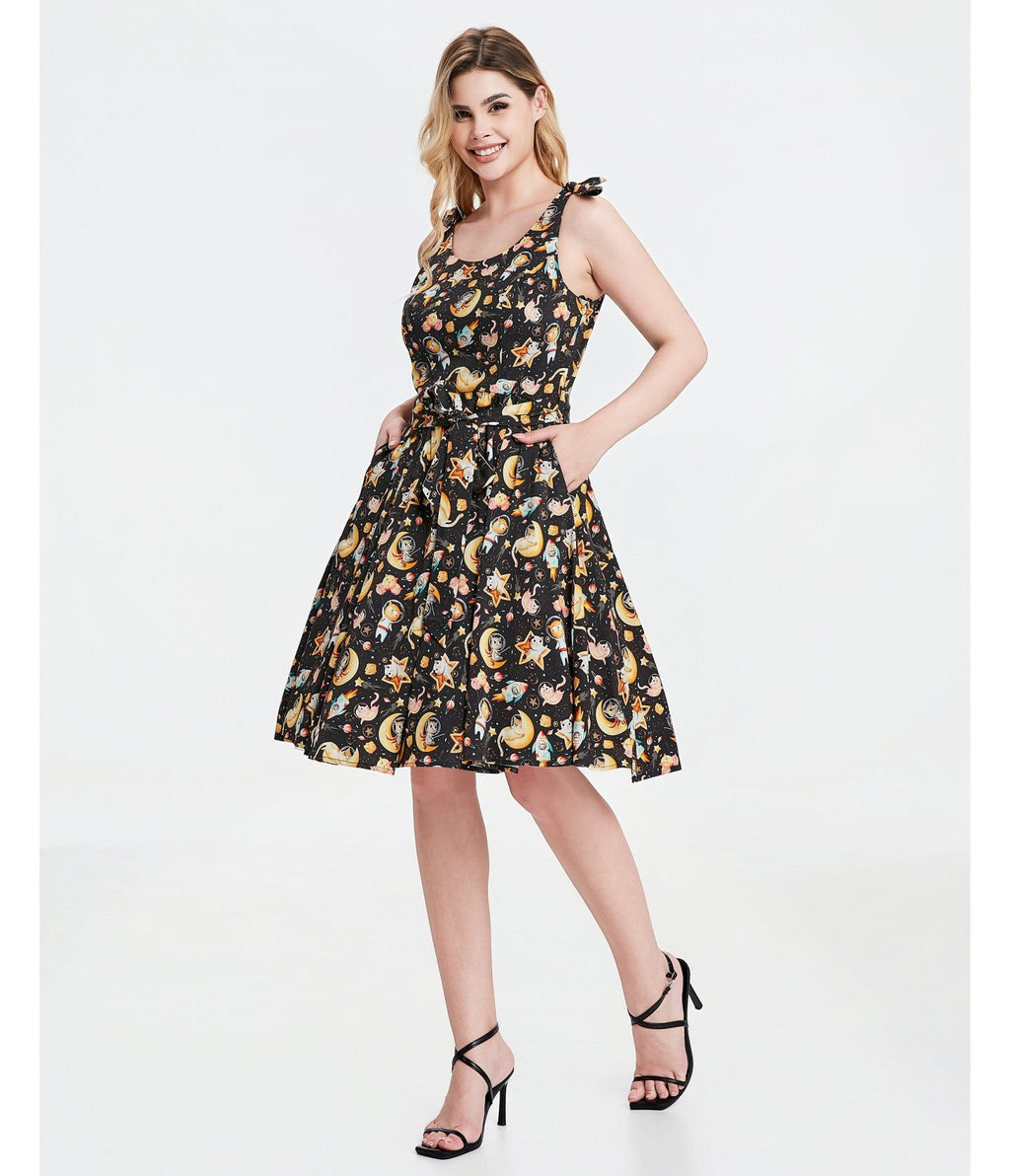 Black Meowgical Galaxy Swing Dress - Unique Vintage - Womens, DRESSES, SWING