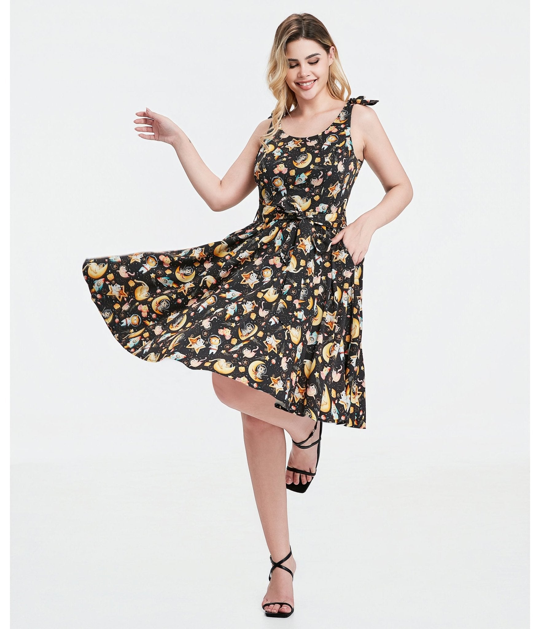 Black Meowgical Galaxy Swing Dress - Unique Vintage - Womens, DRESSES, SWING