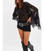 Black Mesh Lace Ruffle Blouse - Unique Vintage - Womens, TOPS, WOVEN TOPS