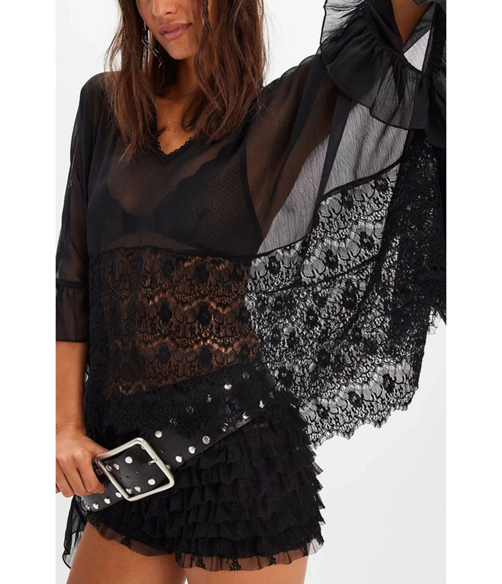 Black Mesh Lace Ruffle Blouse - Unique Vintage - Womens, TOPS, WOVEN TOPS