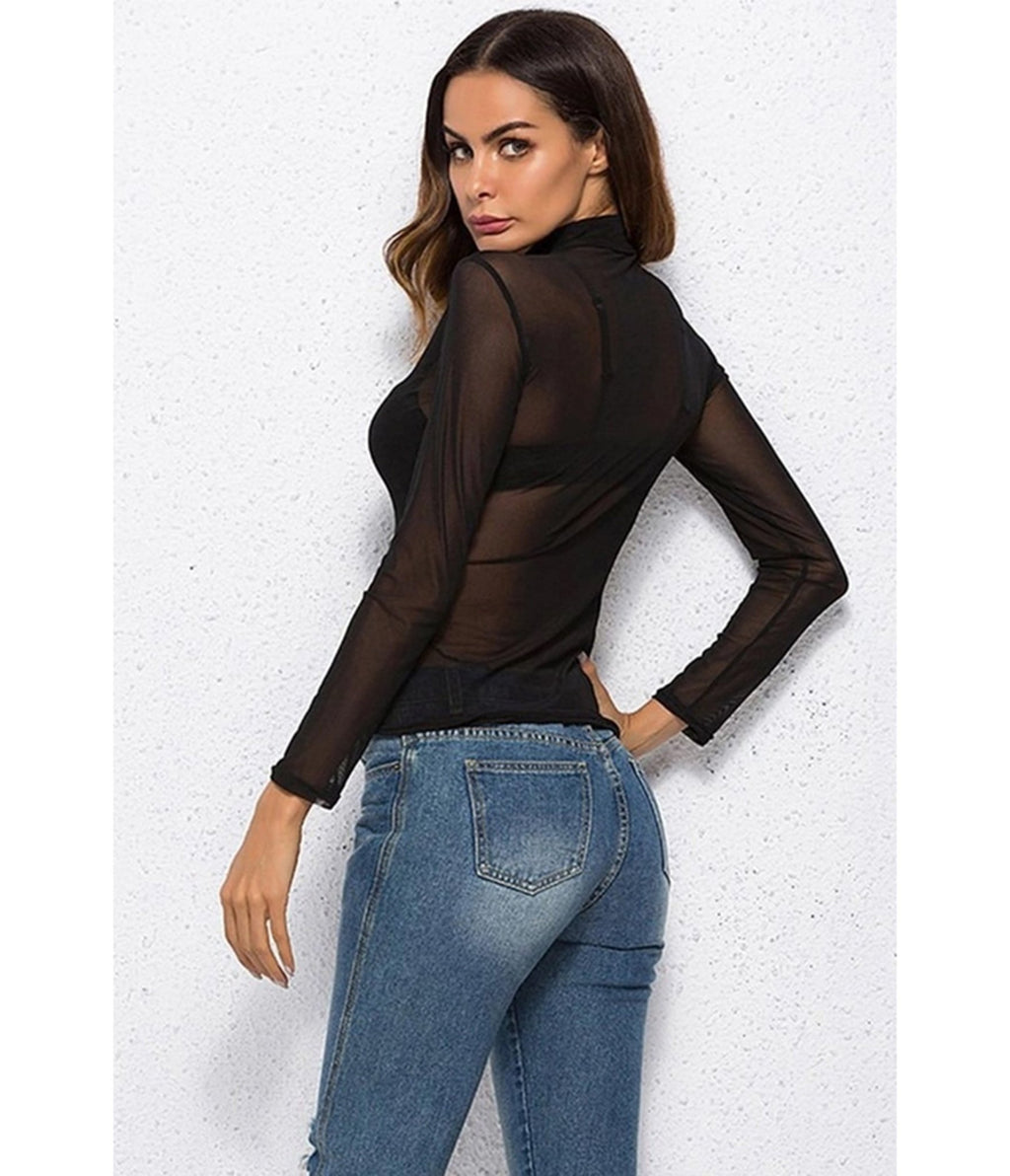 Black Mesh Mock Neck Top - Unique Vintage - Womens, TOPS, WOVEN TOPS