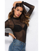 Black Mesh Mock Neck Top - Unique Vintage - Womens, TOPS, WOVEN TOPS