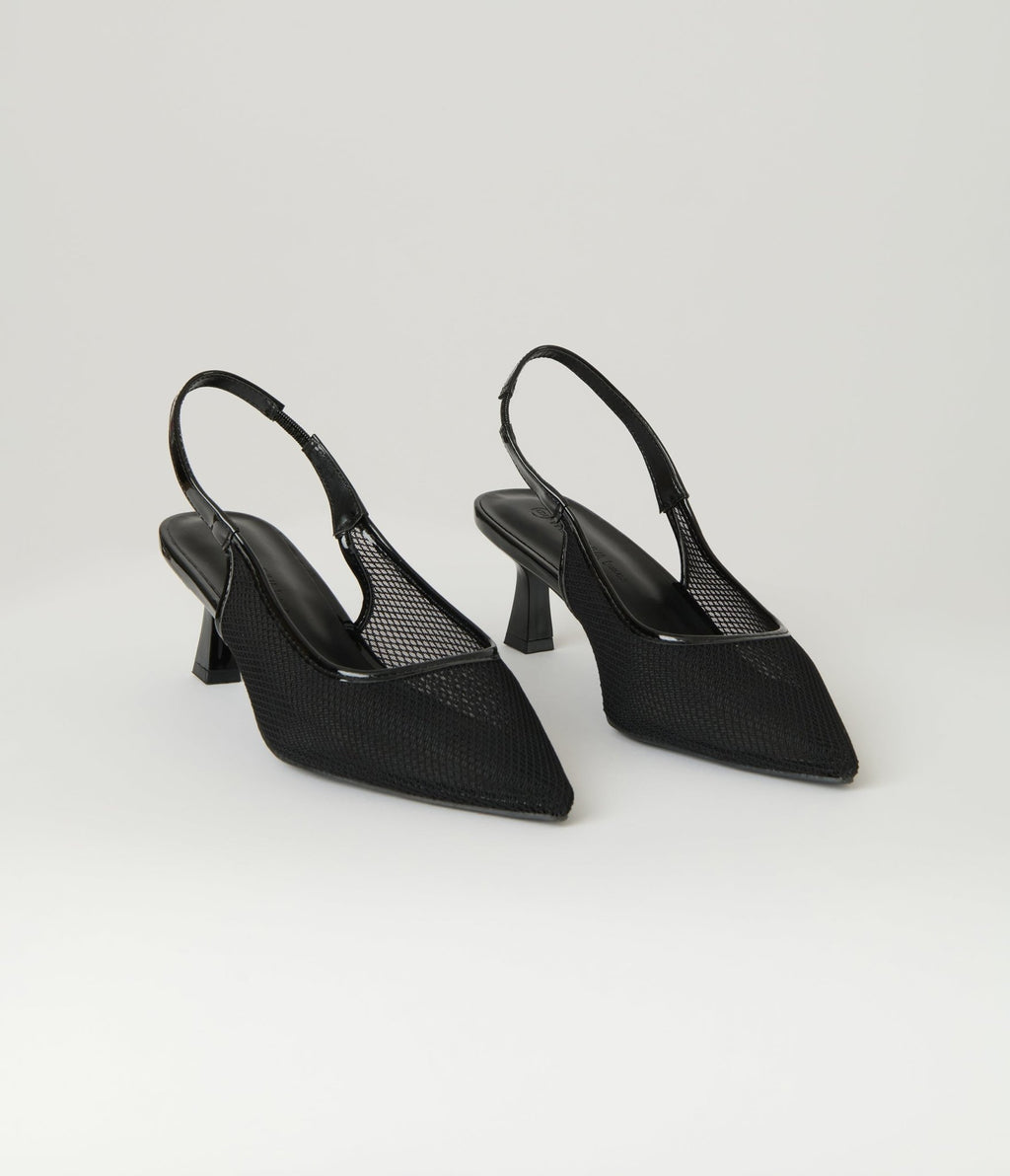 Black Mesh Pointed Toe Slingback Pumps - Unique Vintage - Womens, SHOES, HEELS