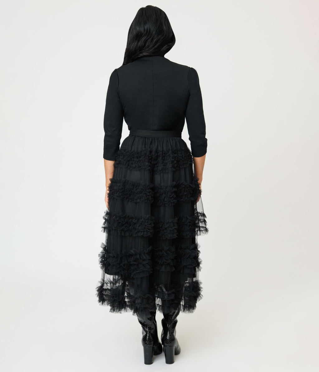 Black Mesh Ruffled Tier Midi Skirt - Unique Vintage - Womens, BOTTOMS, SKIRTS