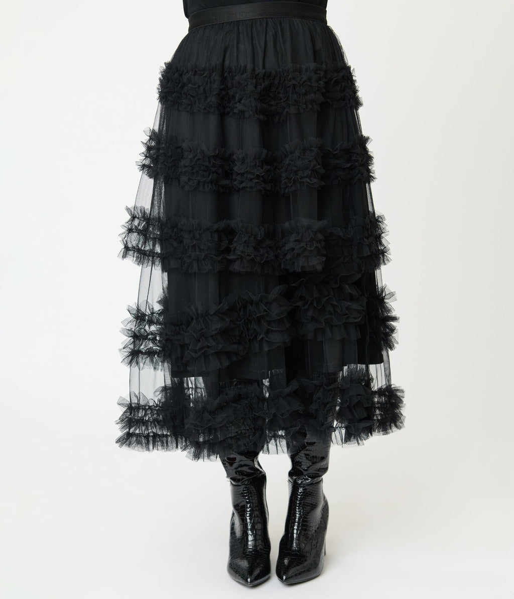 Black Mesh Ruffled Tier Midi Skirt - Unique Vintage - Womens, BOTTOMS, SKIRTS