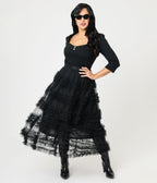 Black Mesh Ruffled Tier Midi Skirt - Unique Vintage - Womens, BOTTOMS, SKIRTS