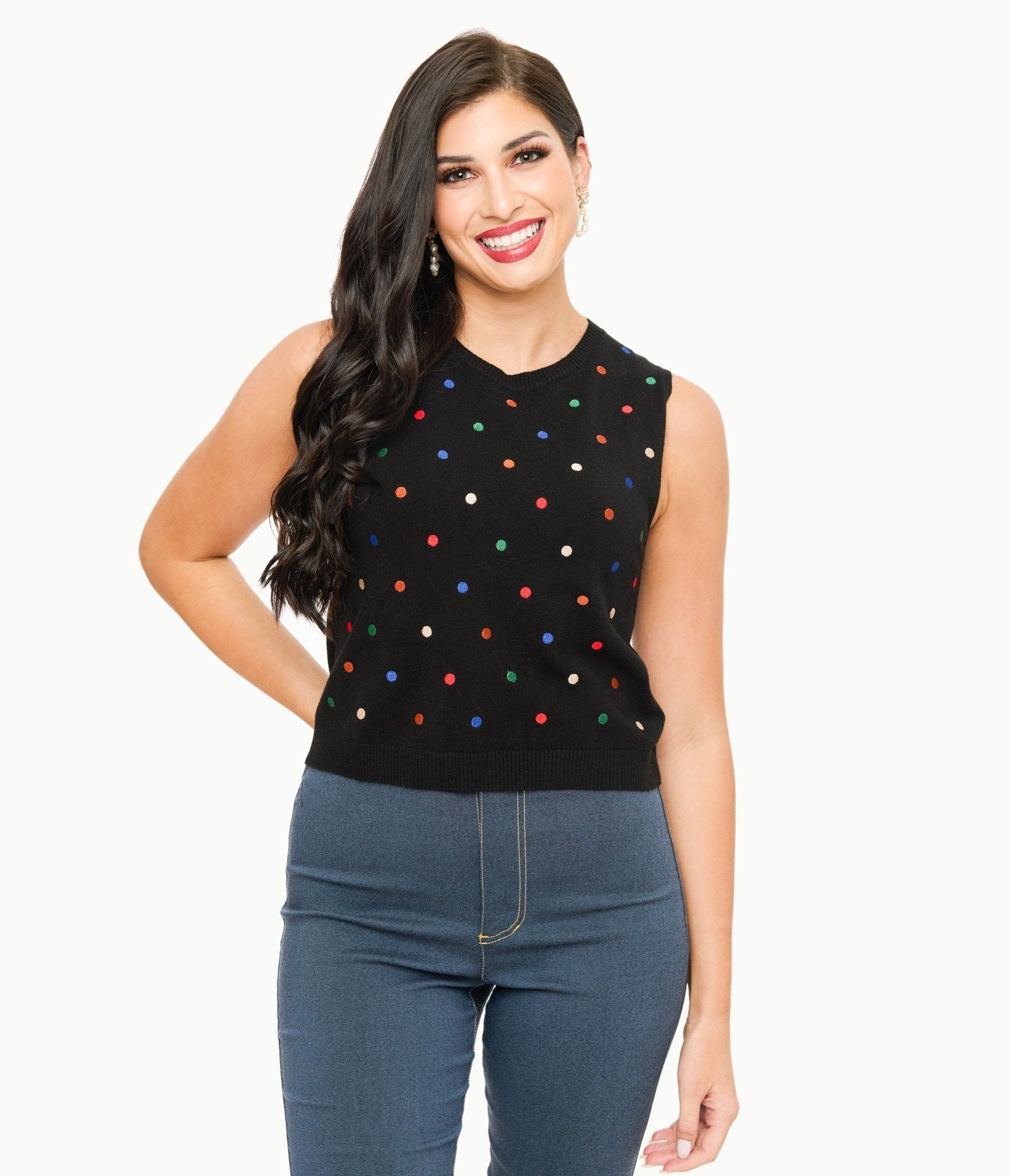Black & Multicolor Polka Dot Sweater Vest - Unique Vintage - Womens, TOPS, SWEATERS AND VESTS