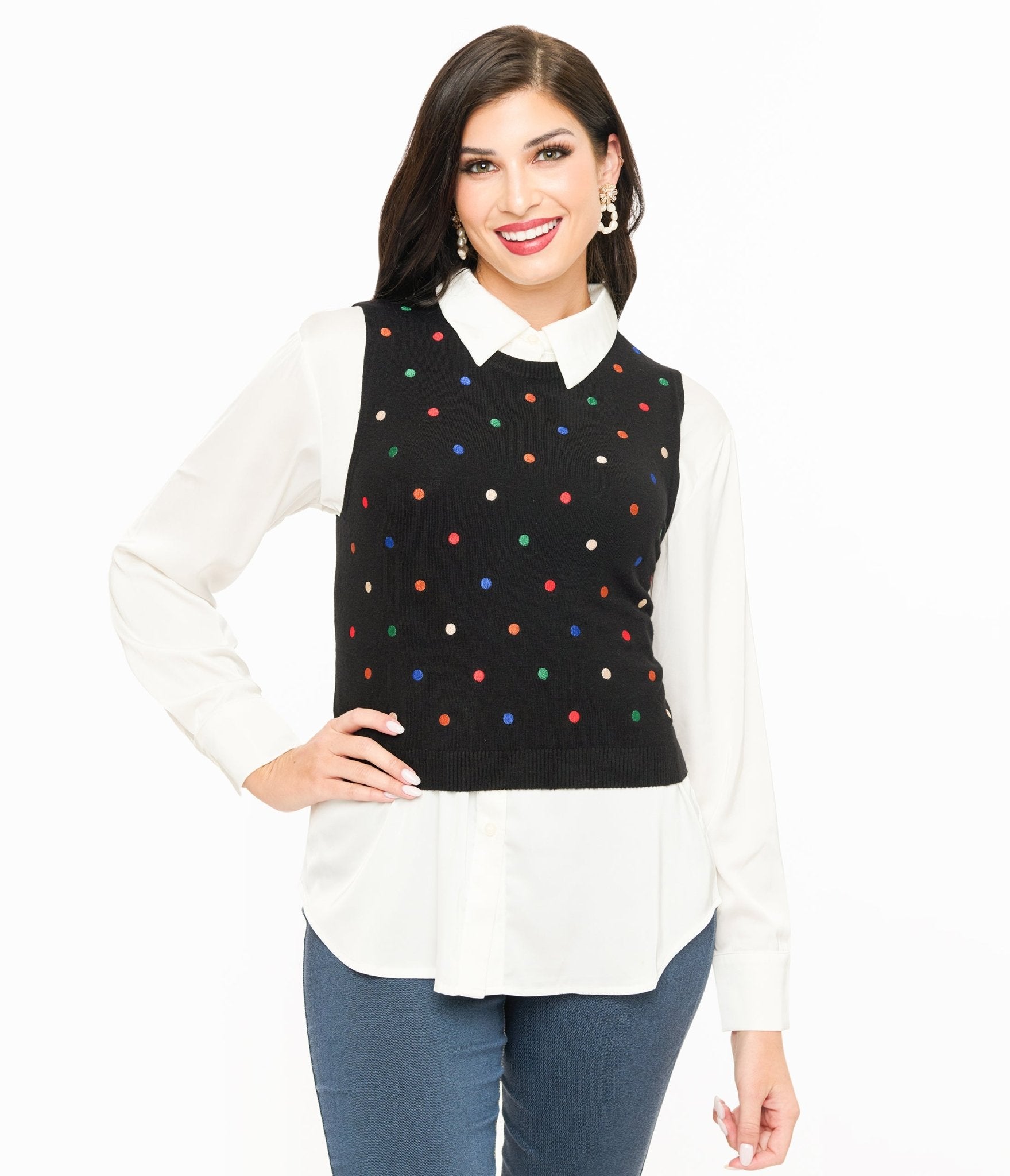 Black & Multicolor Polka Dot Sweater Vest - Unique Vintage - Womens, TOPS, SWEATERS AND VESTS
