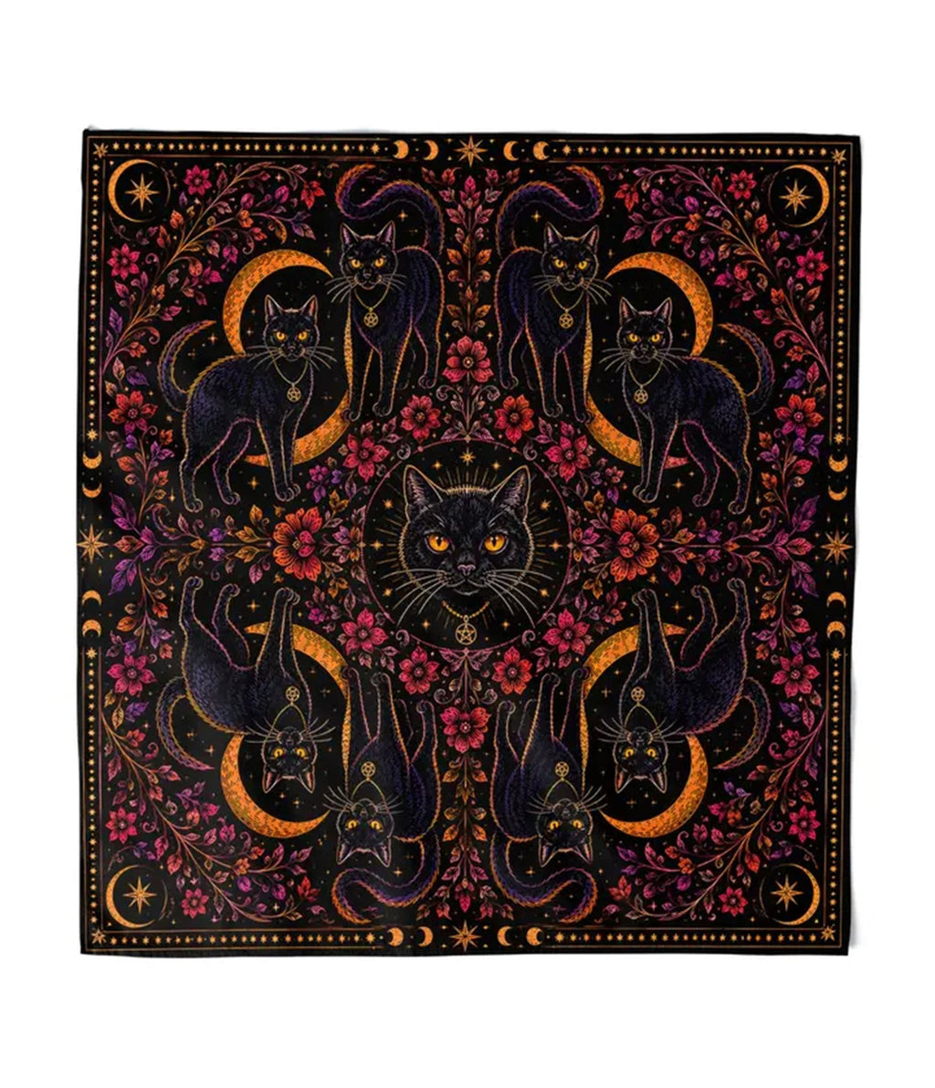 Black Nine Lives Cat Print Hair Scarf - Unique Vintage - Womens, ACCESSORIES, HAIR