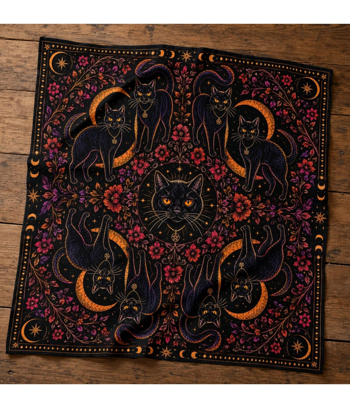 Black Nine Lives Cat Print Hair Scarf - Unique Vintage - Womens, ACCESSORIES, HAIR