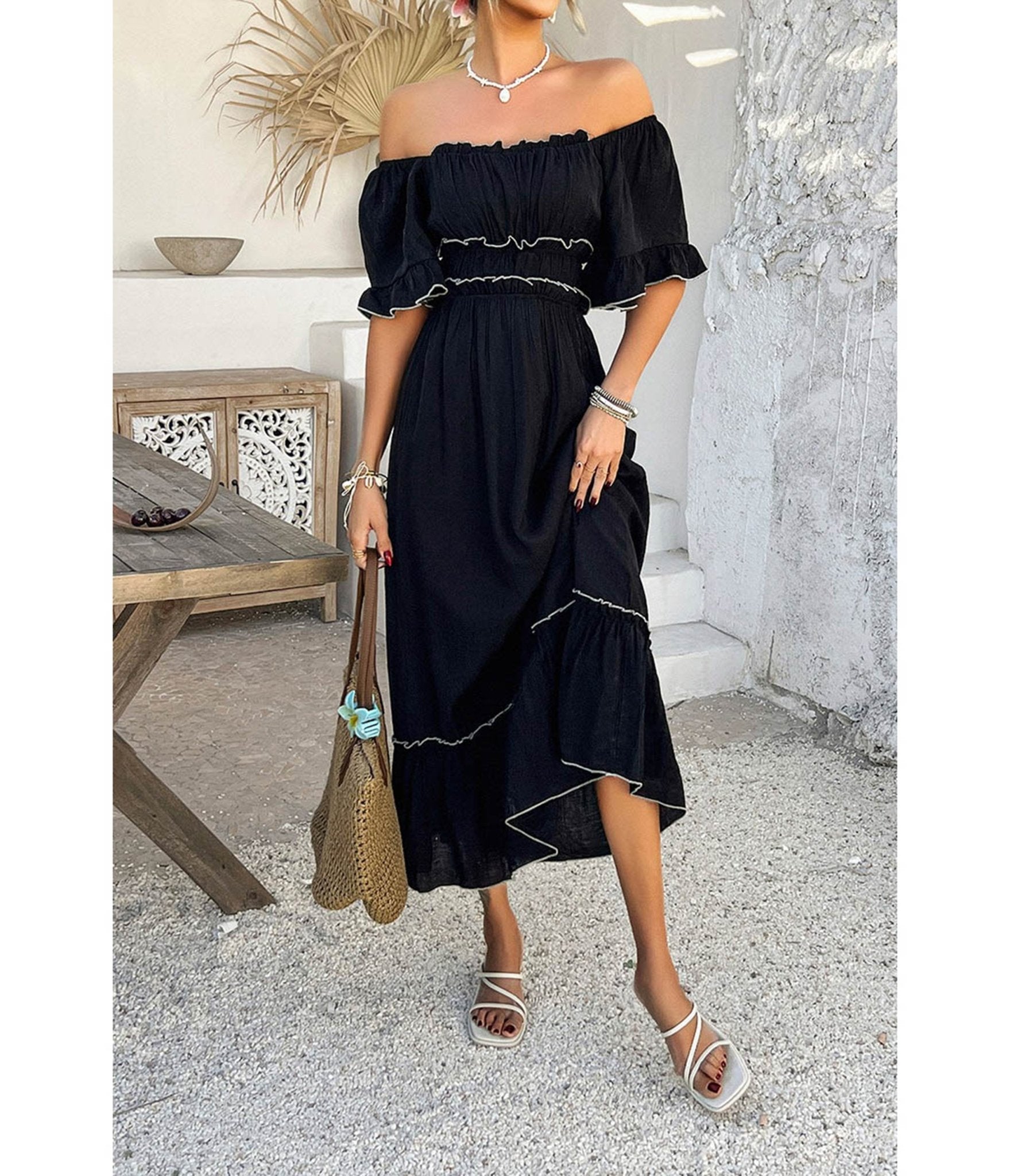 Black Off the Shoulder Ruffle Midi Dress - Unique Vintage - Womens, DRESSES, MIDI