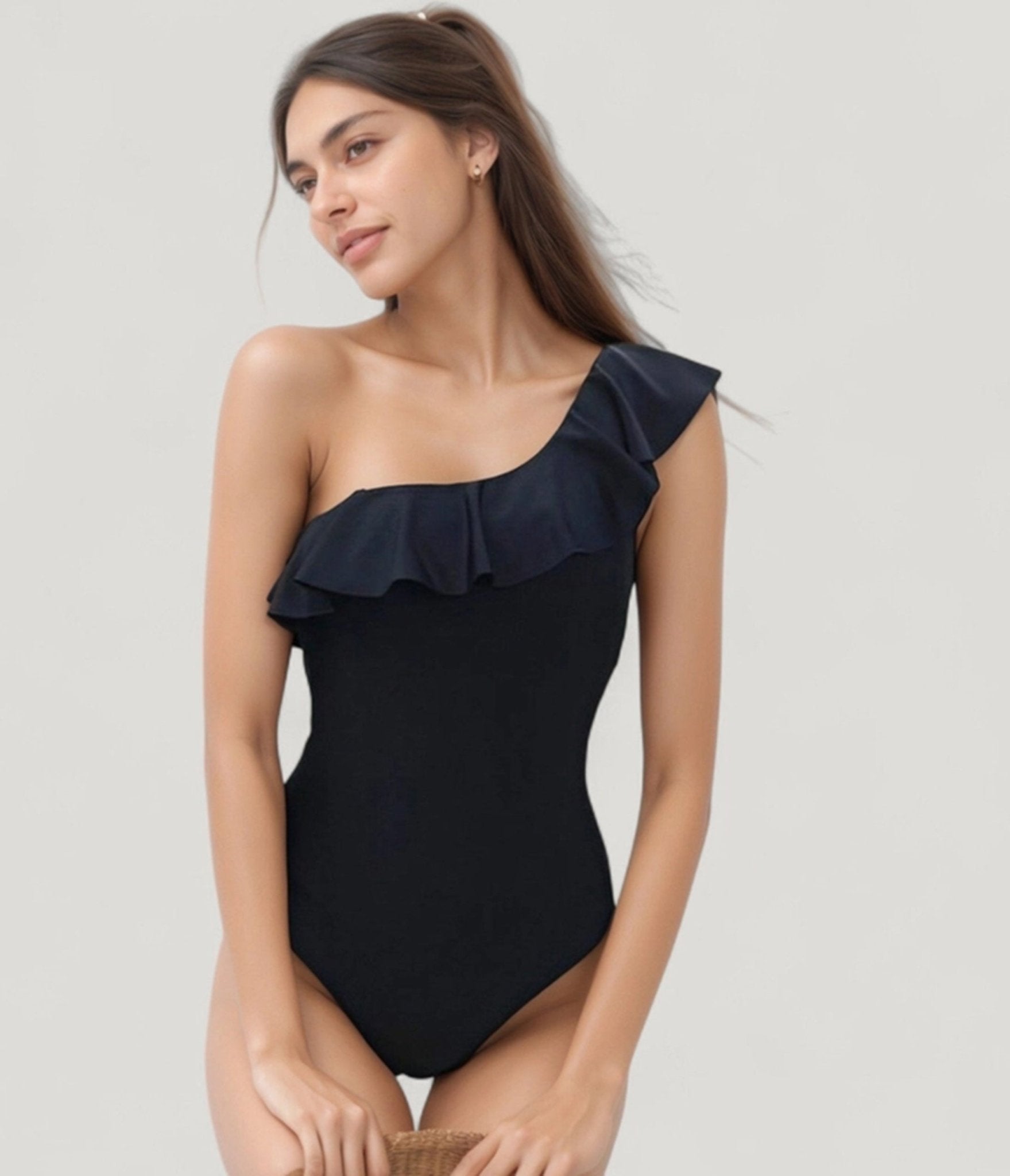 Black One Shoulder Ruffle One Piece Swimsuit - Unique Vintage - Womens, SWIM, 1 PC