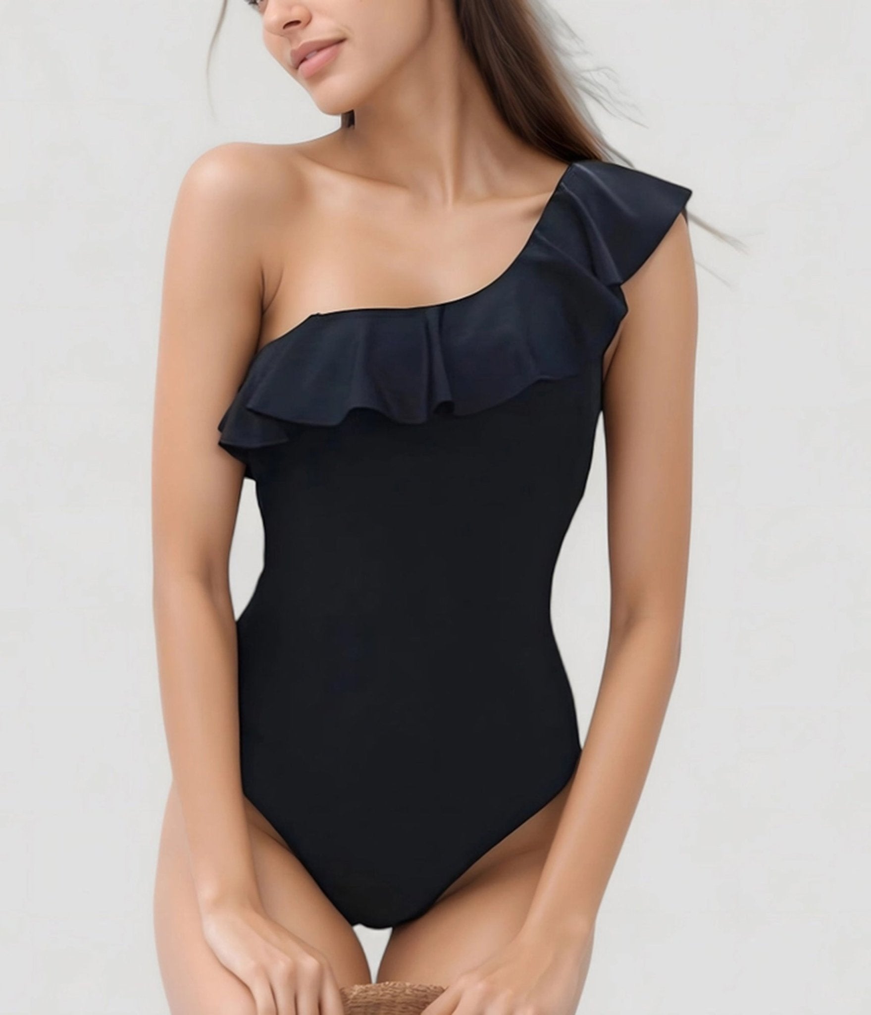 Black One Shoulder Ruffle One Piece Swimsuit - Unique Vintage - Womens, SWIM, 1 PC
