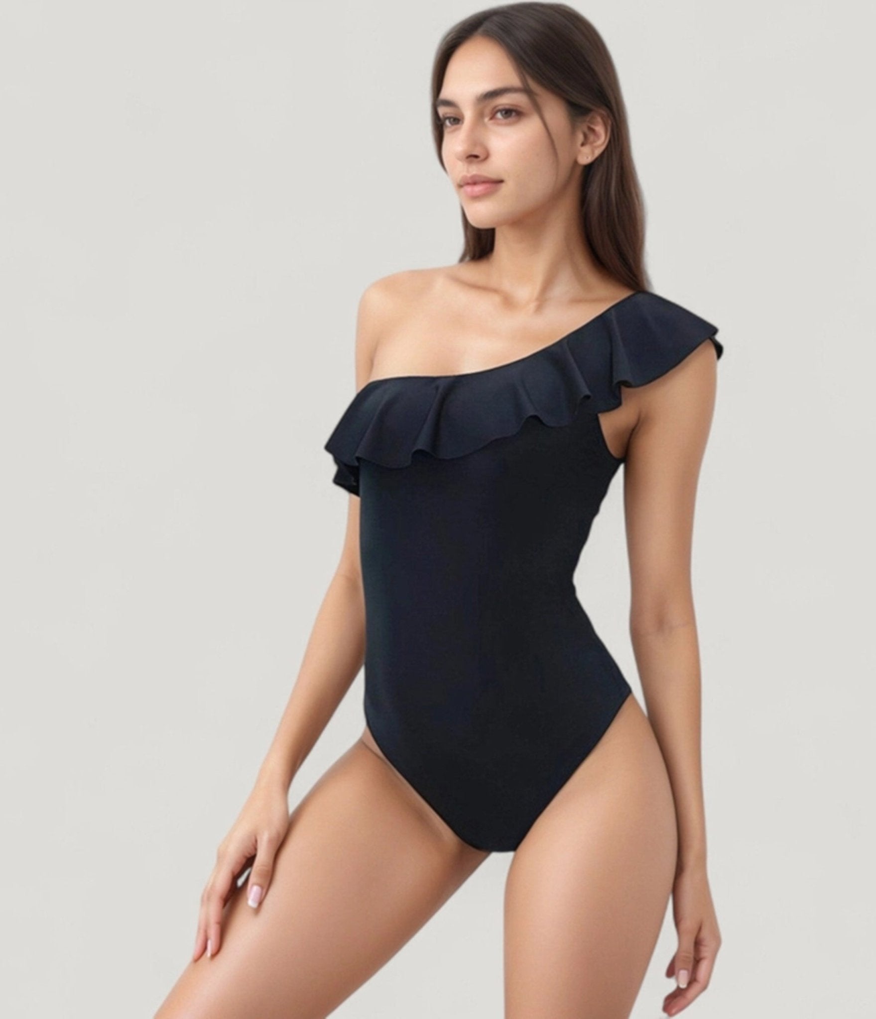 Black One Shoulder Ruffle One Piece Swimsuit - Unique Vintage - Womens, SWIM, 1 PC