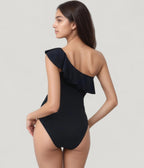 Black One Shoulder Ruffle One Piece Swimsuit - Unique Vintage - Womens, SWIM, 1 PC