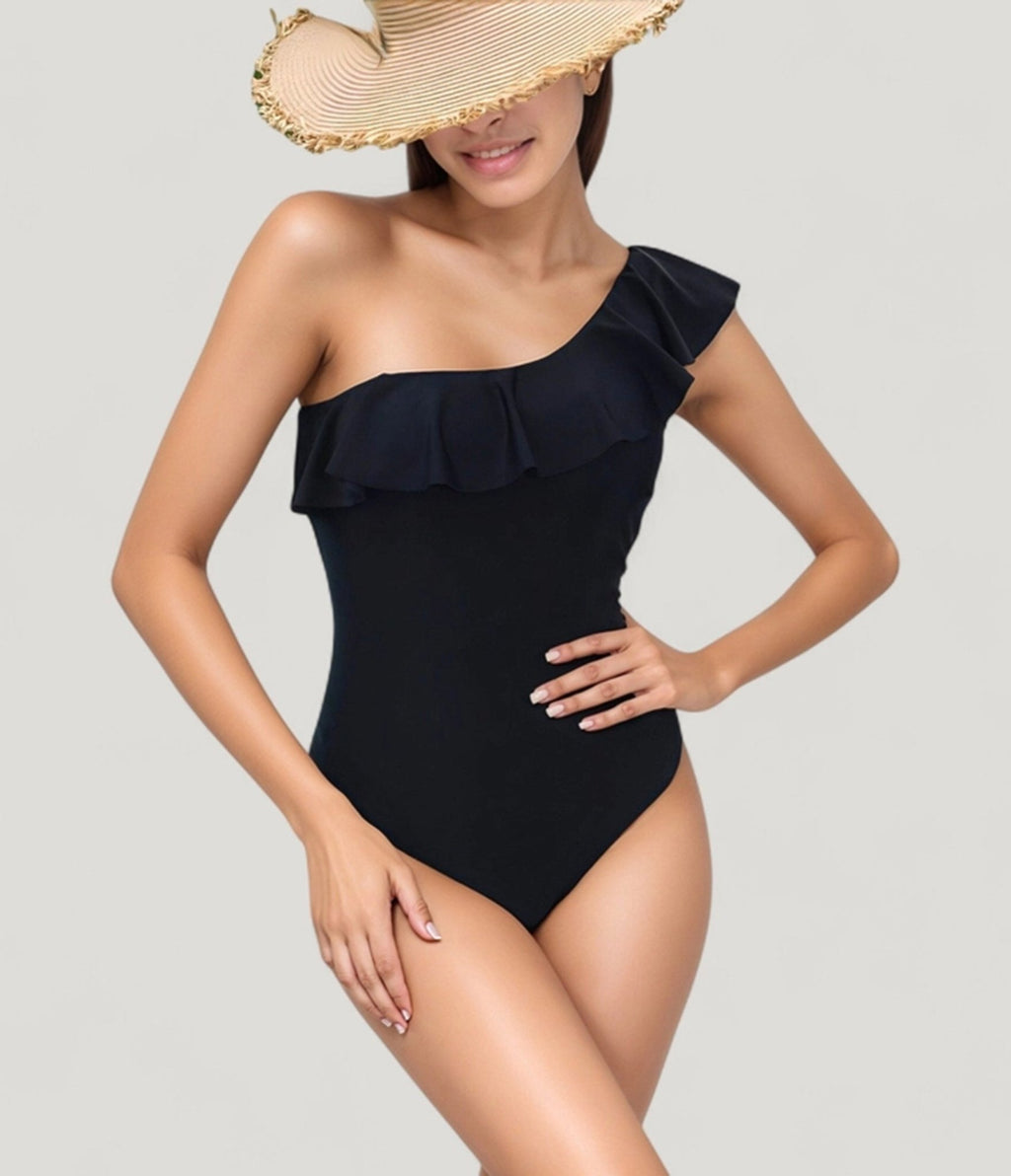 Black One Shoulder Ruffle One Piece Swimsuit - Unique Vintage - Womens, SWIM, 1 PC