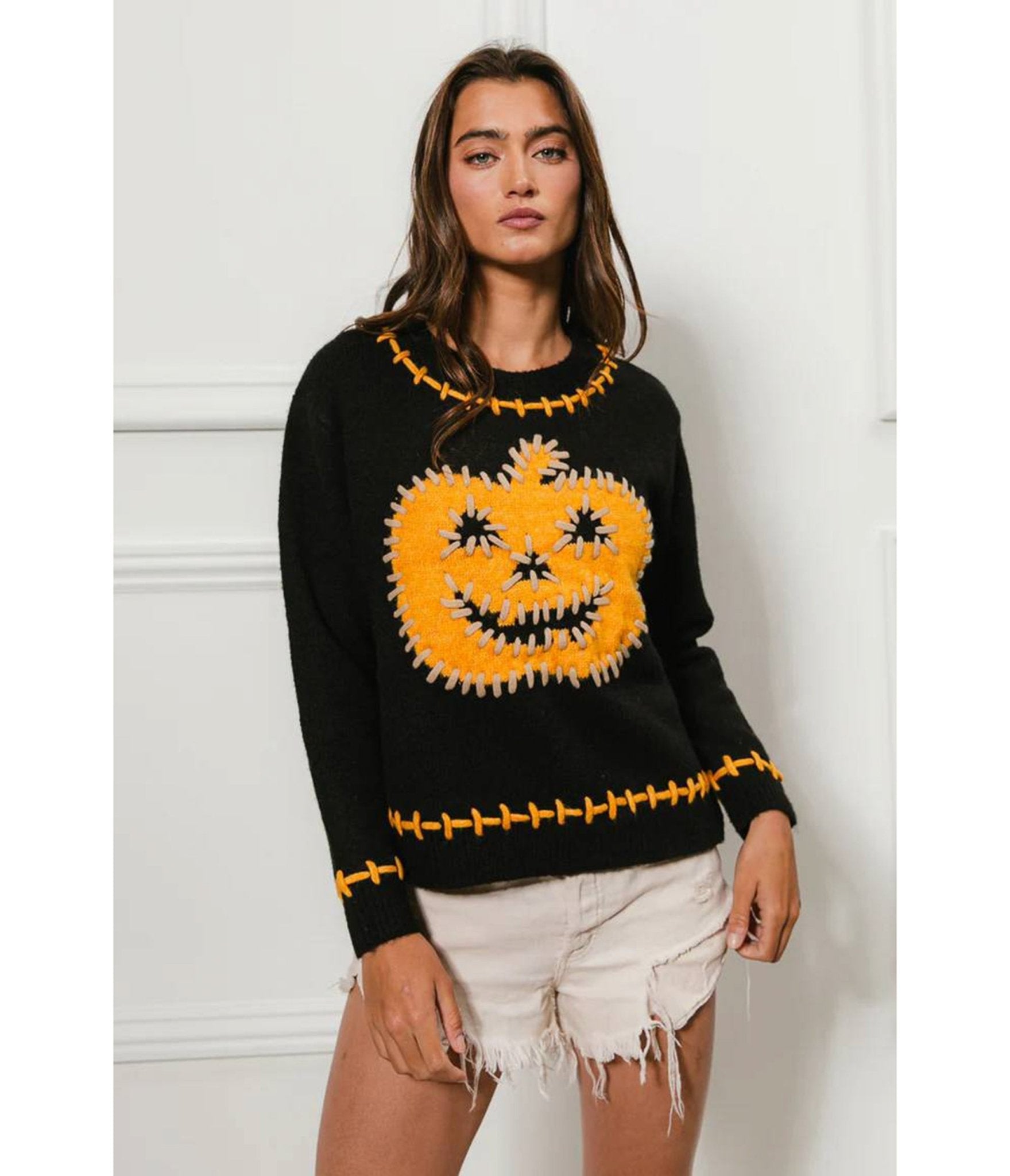 Black & Orange Stitches Jack - O - Lantern Sweater - Unique Vintage - Womens, TOPS, SWEATERS