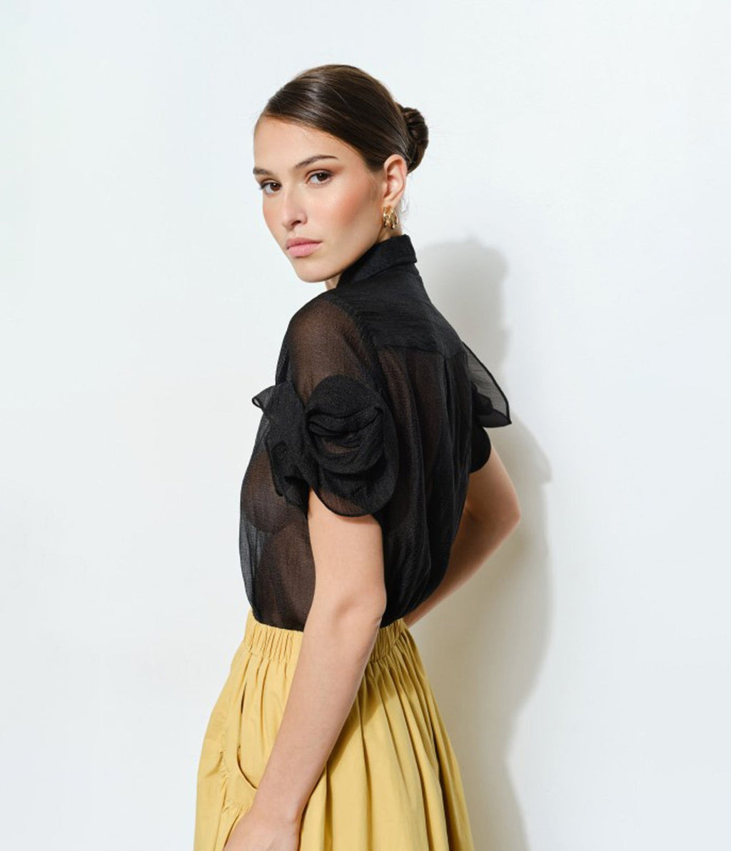 Black Organza Puff Sleeve Blouses - Unique Vintage - 