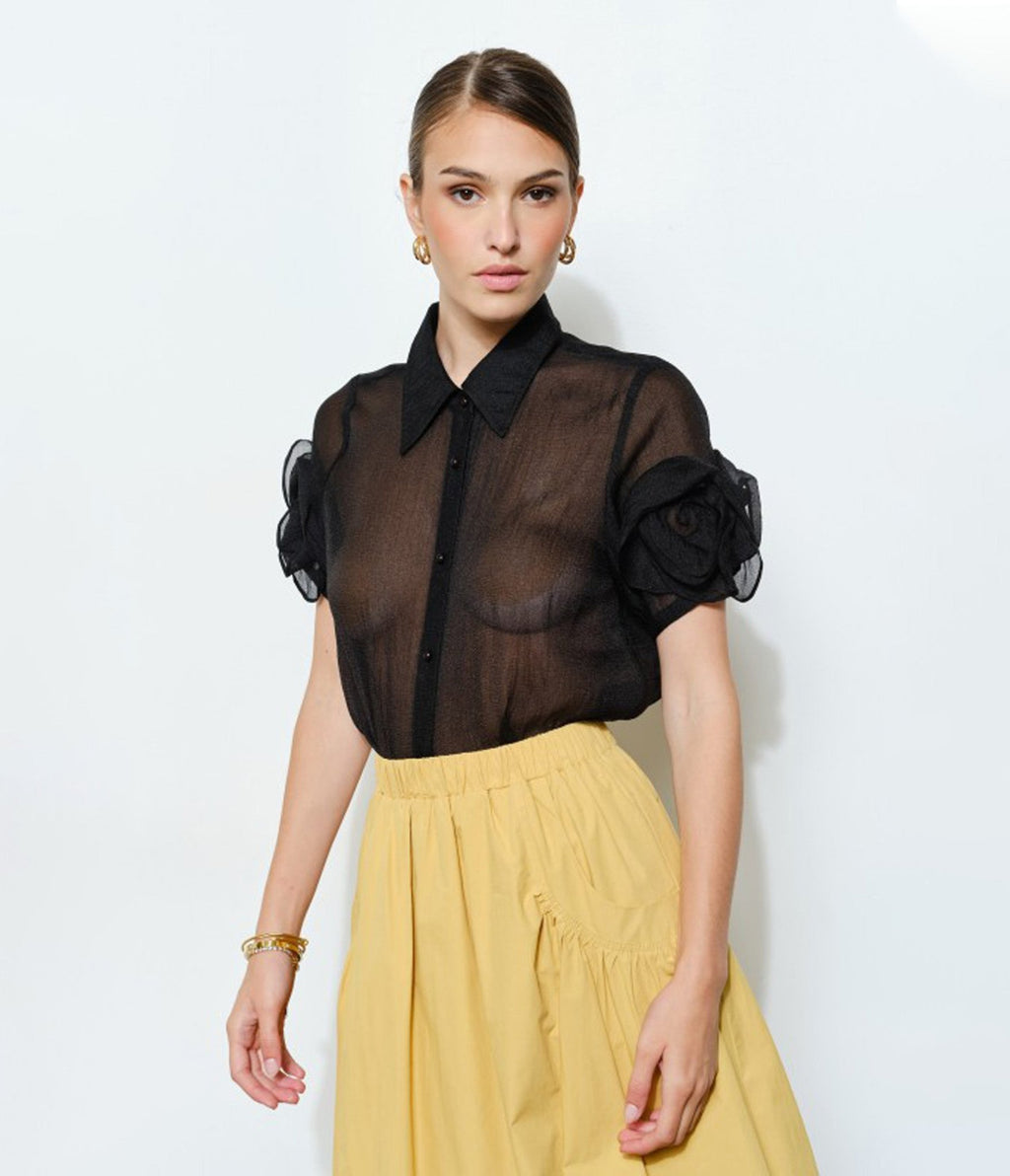 Black Organza Puff Sleeve Blouses - Unique Vintage - 