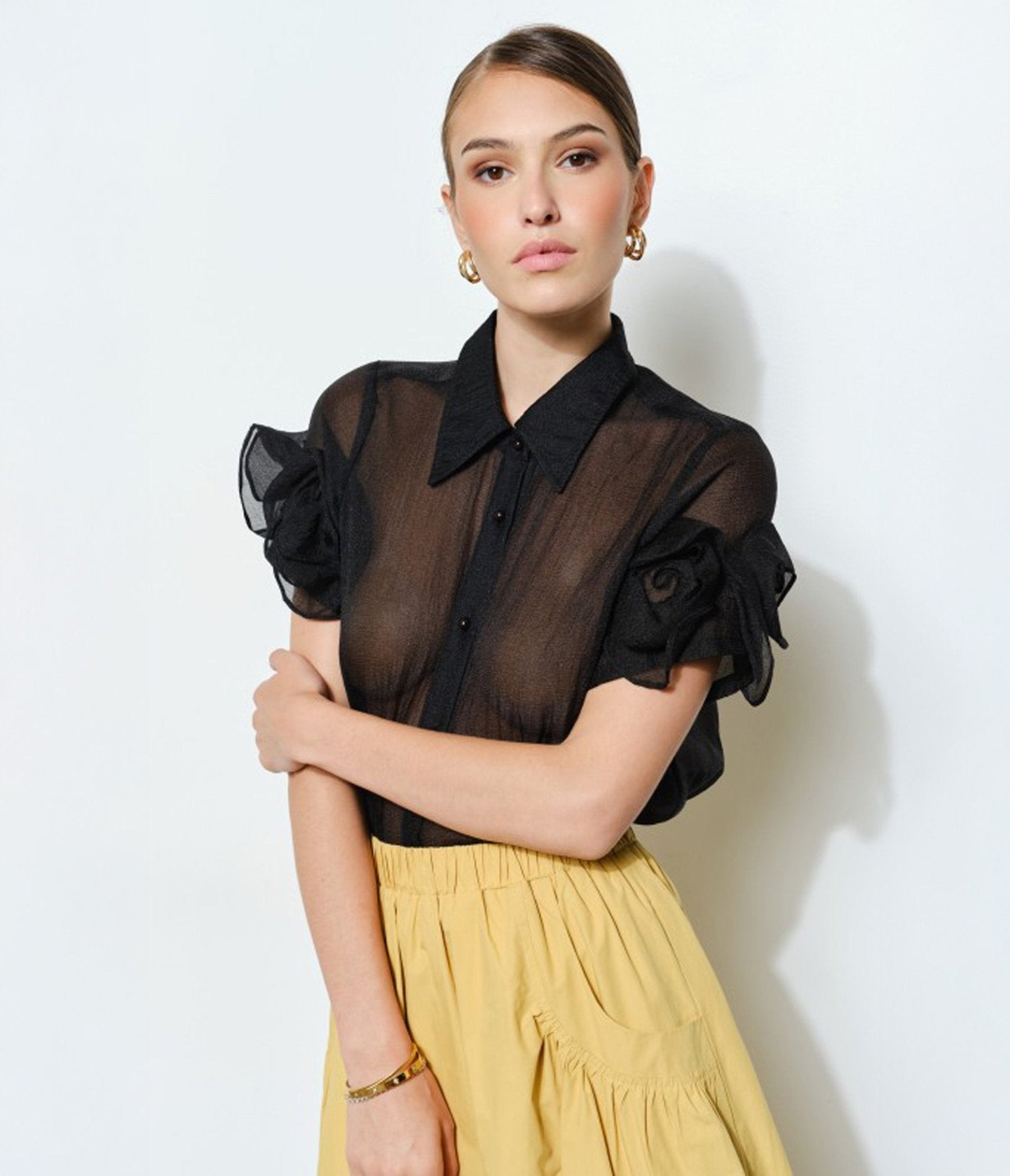 Black Organza Puff Sleeve Blouses - Unique Vintage - 