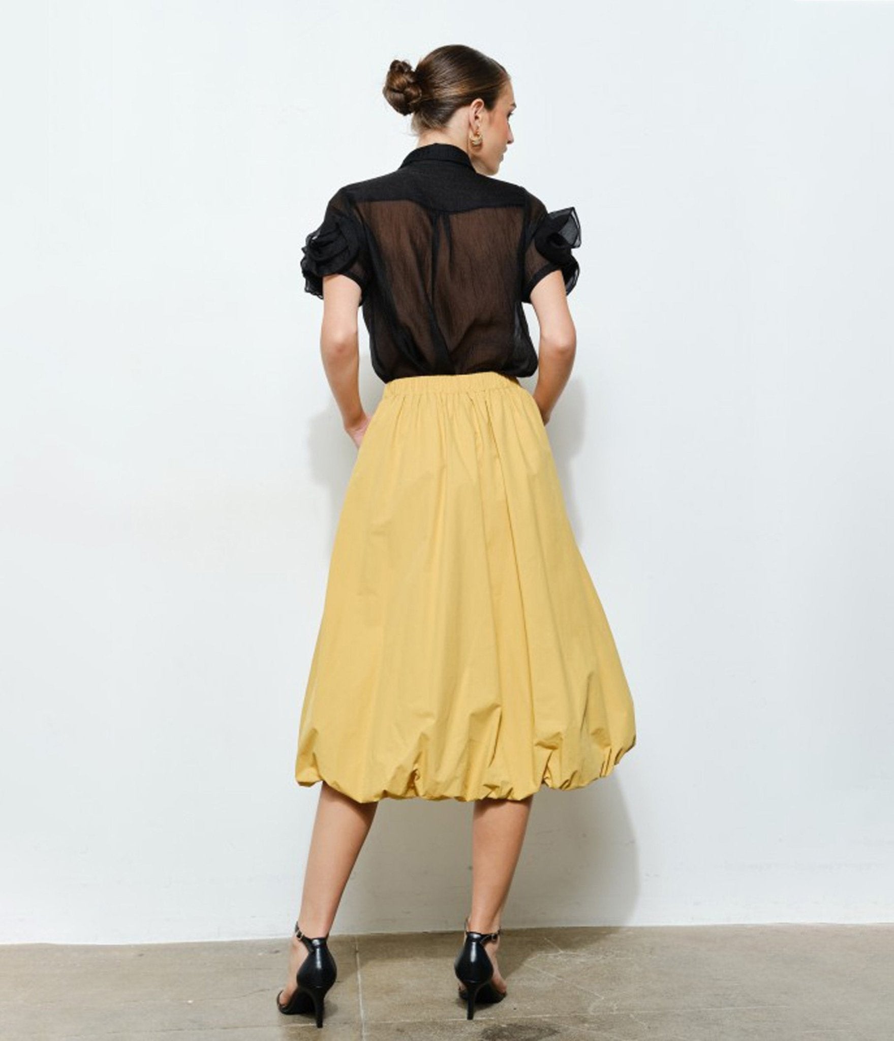 Black Organza Puff Sleeve Blouses - Unique Vintage - 