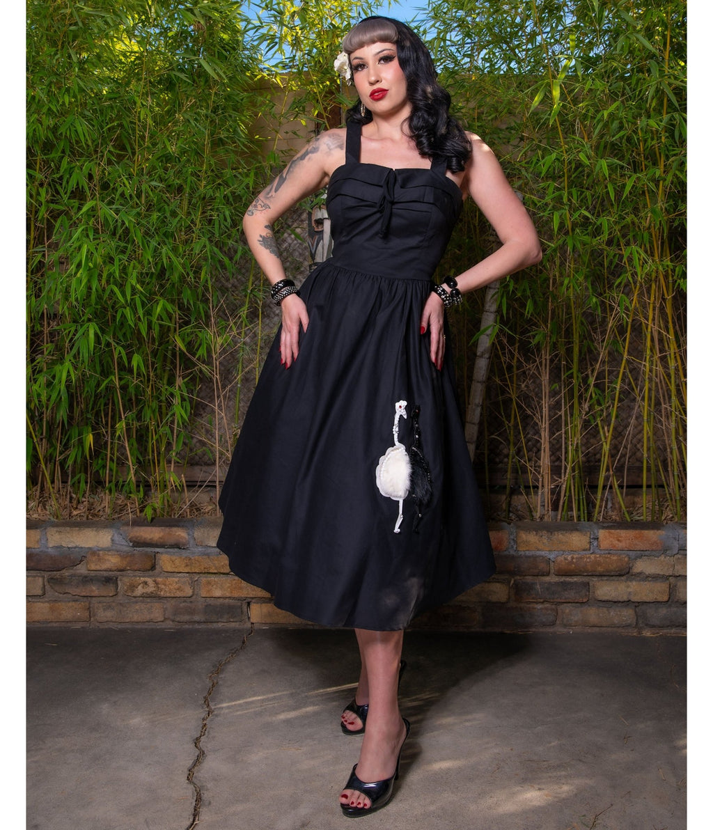 Black Ostrich Applique Swing Dress - Unique Vintage - Womens, DRESSES, FIT AND FLARE