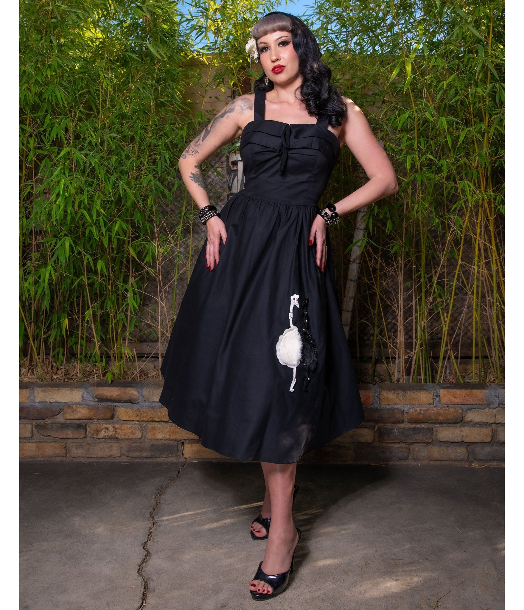 Black Ostrich Applique Swing Dress - Unique Vintage - Womens, DRESSES, FIT AND FLARE