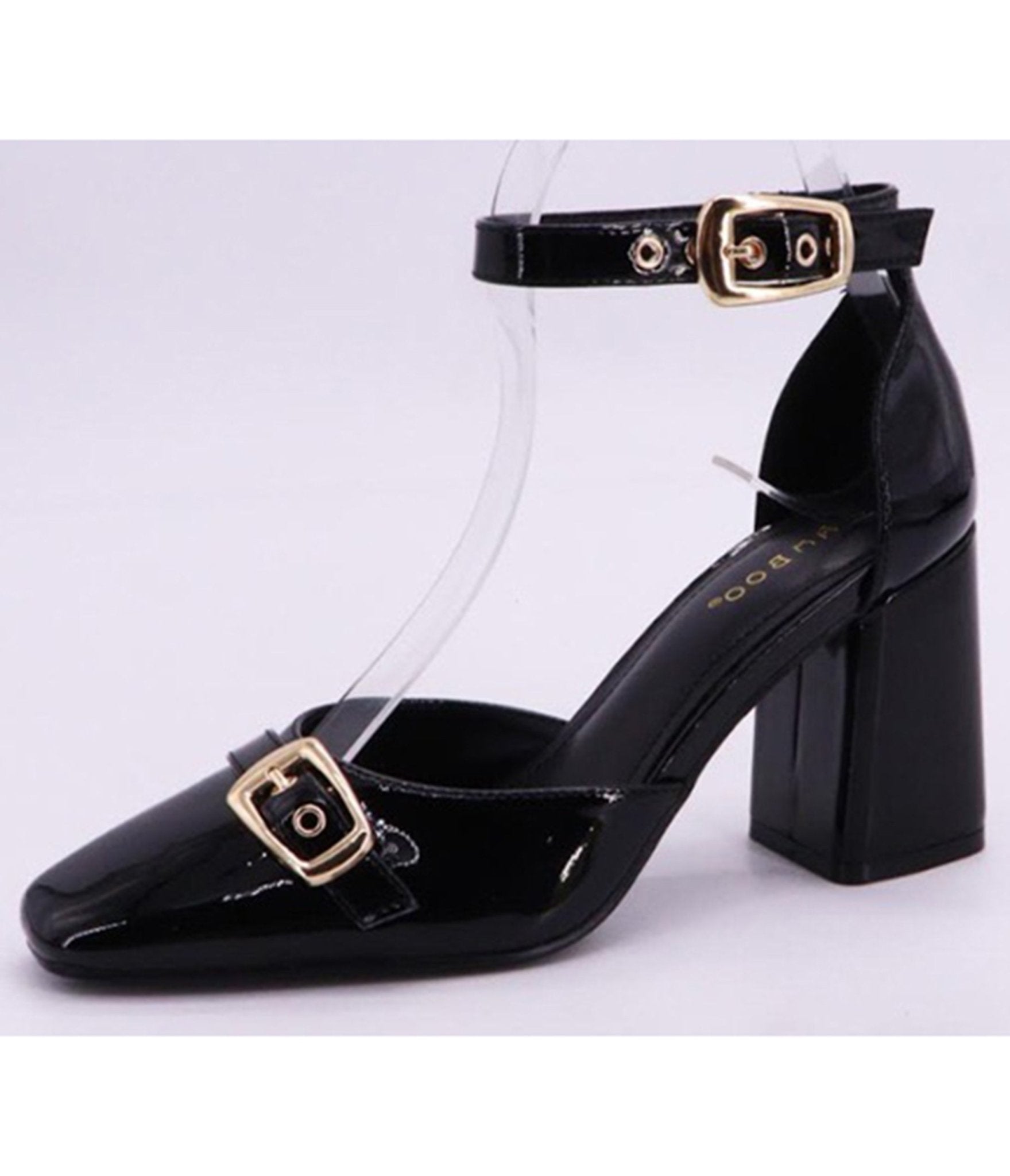 Black Patent Faux Leather Ankle Strap Block Heels - Unique Vintage - Womens, SHOES, HEELS