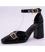 Black Patent Faux Leather Ankle Strap Block Heels