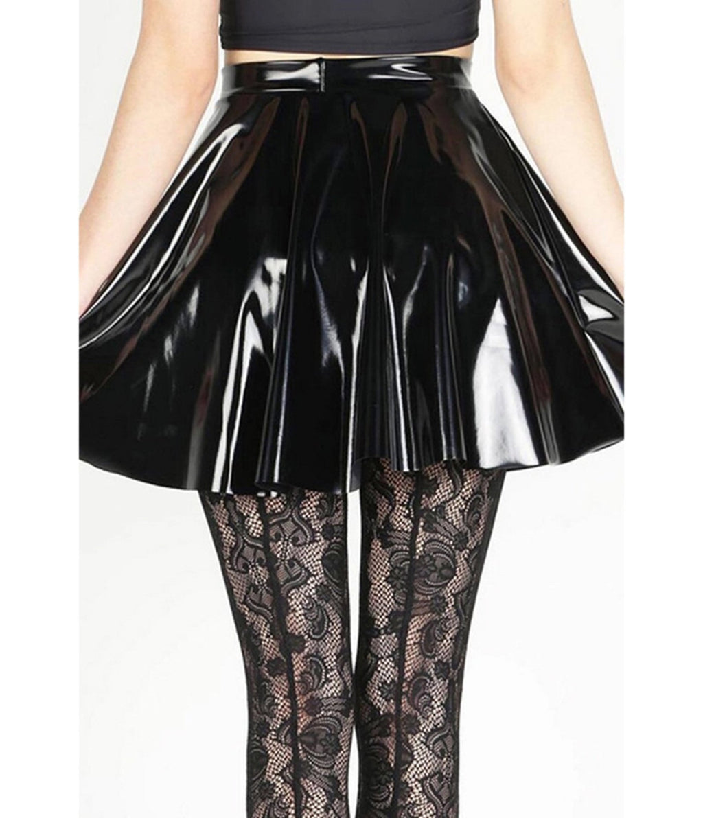 Black Patent Faux Leather Swing Skirt - Unique Vintage - Womens, BOTTOMS, SKIRTS