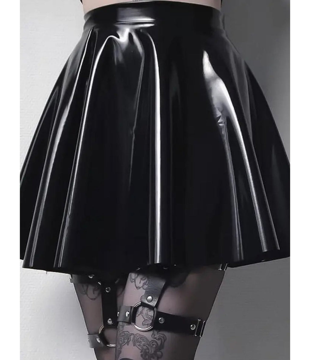 Black Patent Faux Leather Swing Skirt - Unique Vintage - Womens, BOTTOMS, SKIRTS