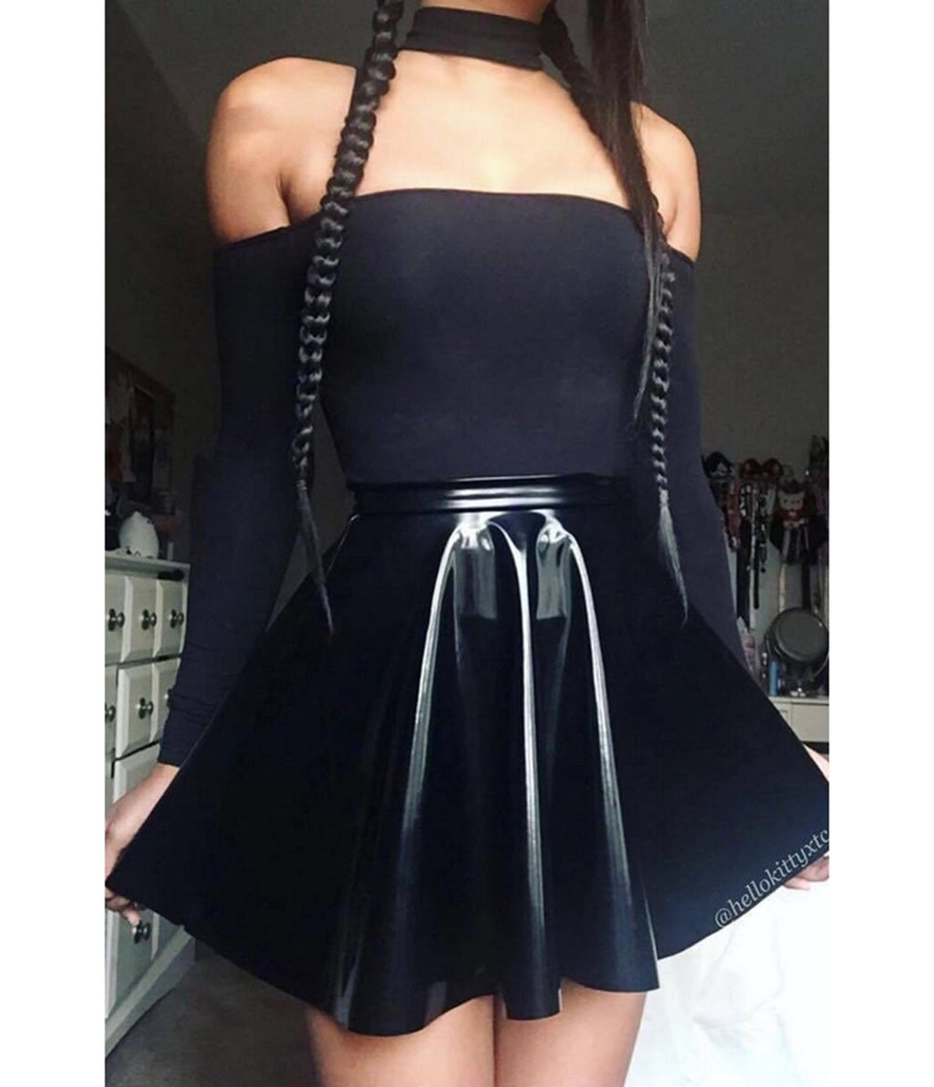 Black Patent Faux Leather Swing Skirt - Unique Vintage - Womens, BOTTOMS, SKIRTS