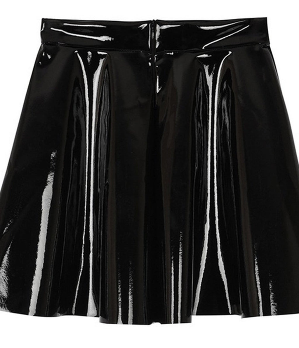 Black Patent Faux Leather Swing Skirt - Unique Vintage - Womens, BOTTOMS, SKIRTS