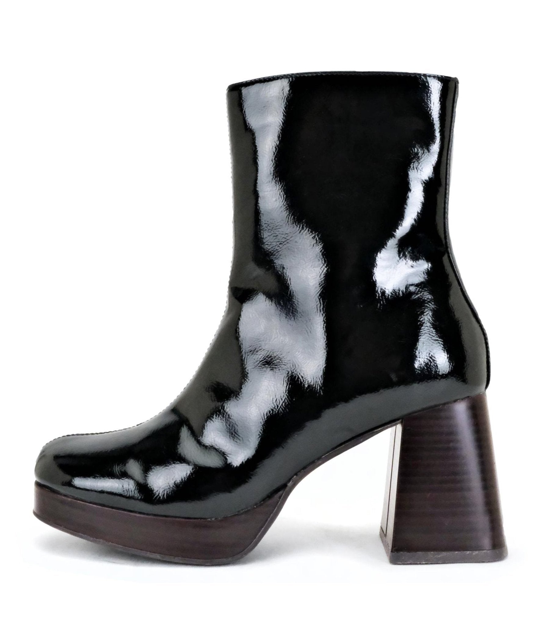 Black Patent Leatherette Ankle Booties - Unique Vintage - Womens, SHOES, HEELS
