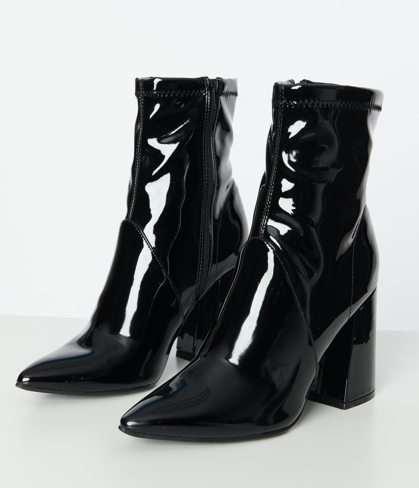 Black Patent Leatherette Ankle Boots - Unique Vintage - Womens, SHOES, BOOTS