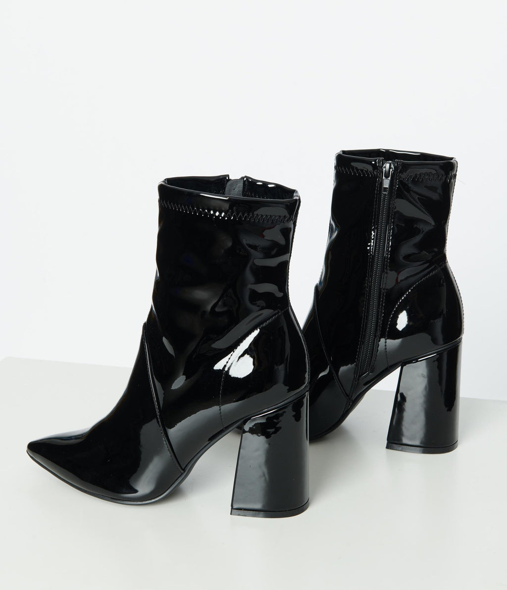 Black Patent Leatherette Ankle Boots - Unique Vintage - Womens, SHOES, BOOTS