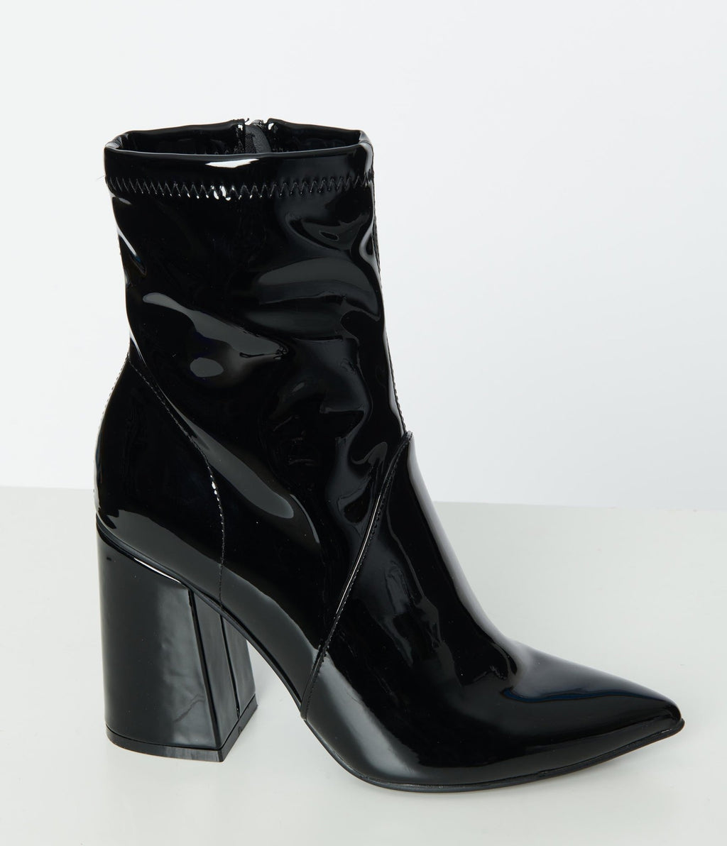 Black Patent Leatherette Ankle Boots - Unique Vintage - Womens, SHOES, BOOTS
