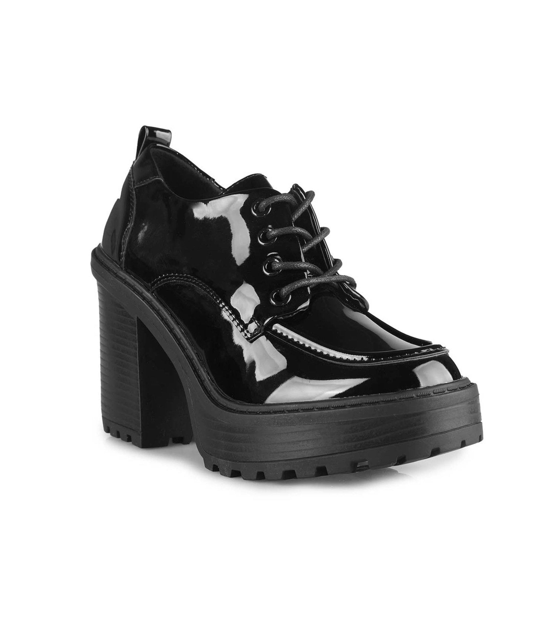 Black Patent Leatherette Chunky Platform Loafers - Unique Vintage - Womens, SHOES, LOAFERS