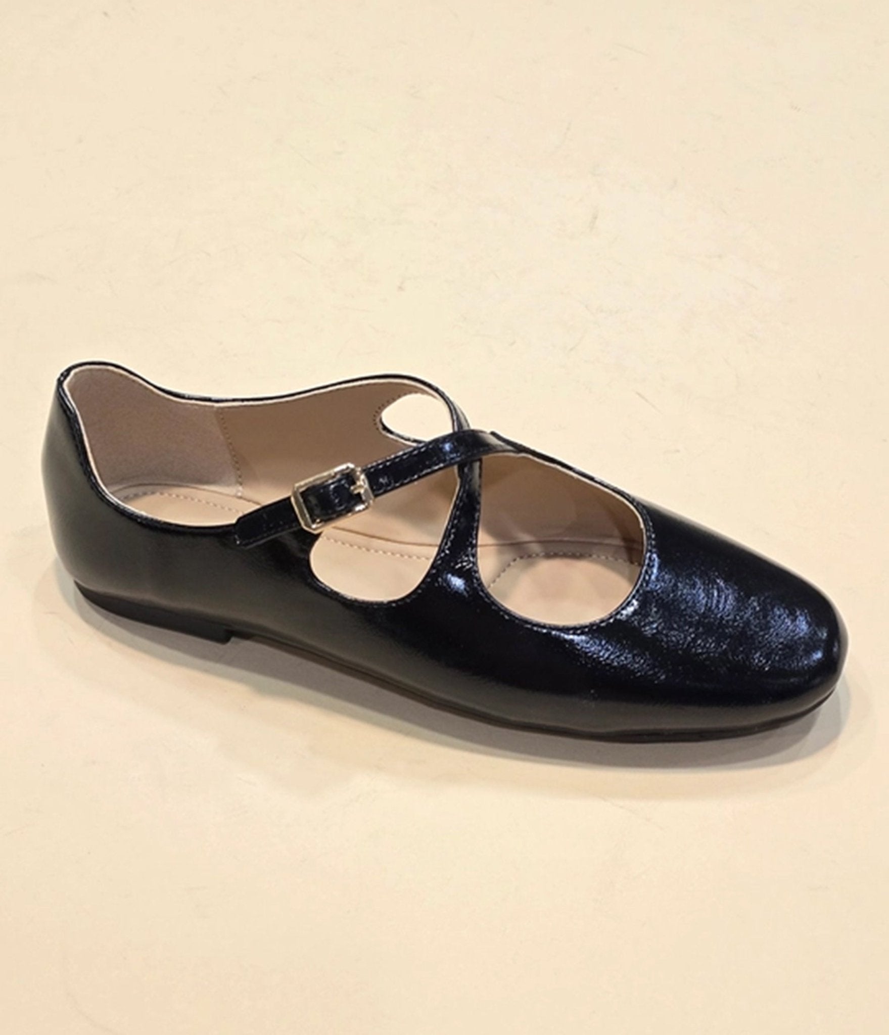 Black Patent Leatherette Criss Cross Flats - Unique Vintage - Womens, SHOES, FLATS
