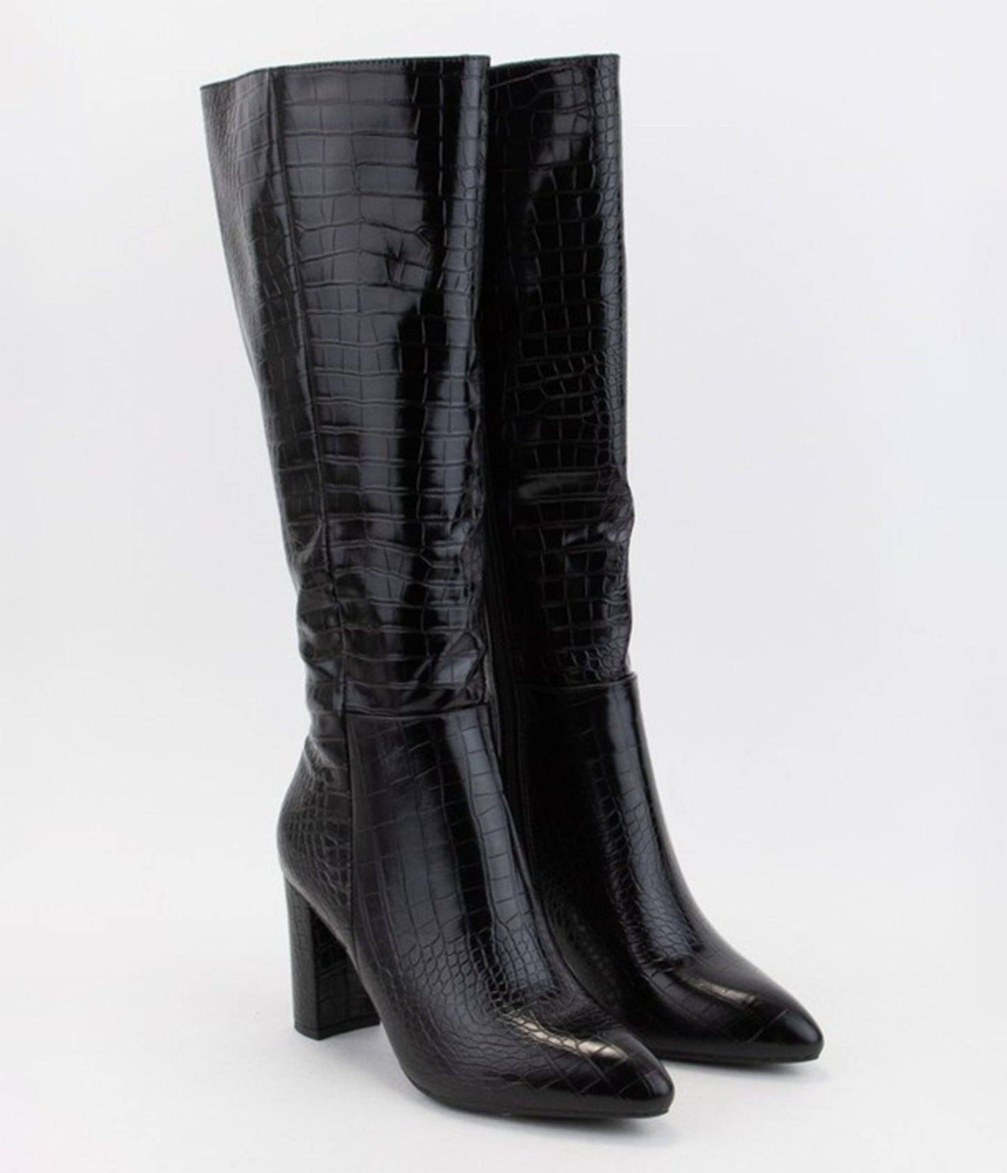 Black Patent Leatherette Crocodile Knee High Boots - Unique Vintage - Womens, SHOES, BOOTS